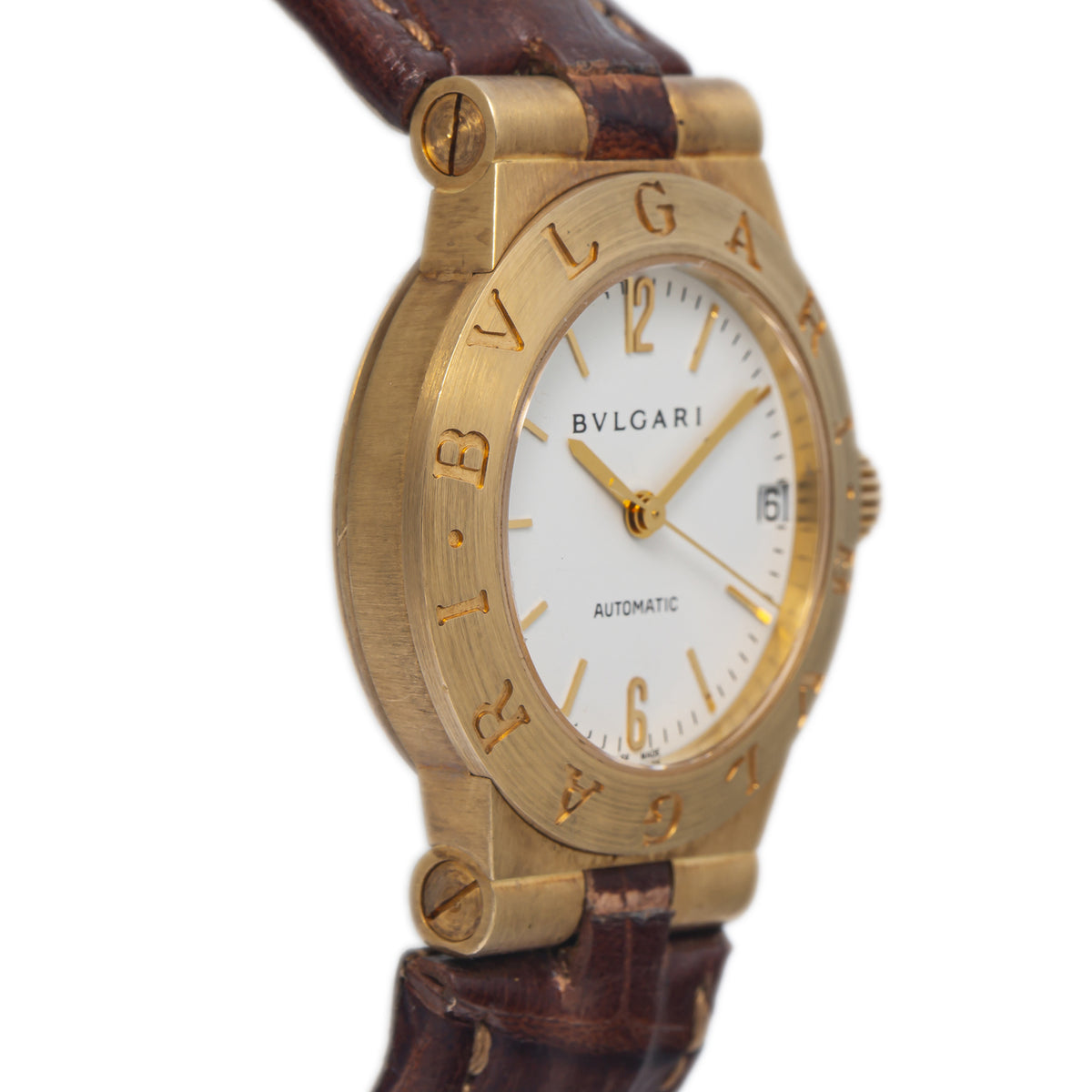 Bvlgari Diagono LCV29G 18k Yellow Gold White Dial Leather Auto Unisex Watch 26mm