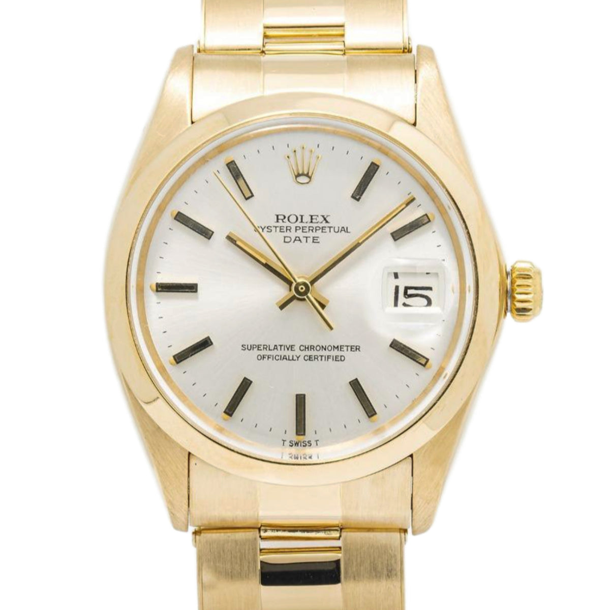 Rolex Date 1500 Oyster 18K Yellow Gold Silver Dial Automatic Unisex Watch 34mm