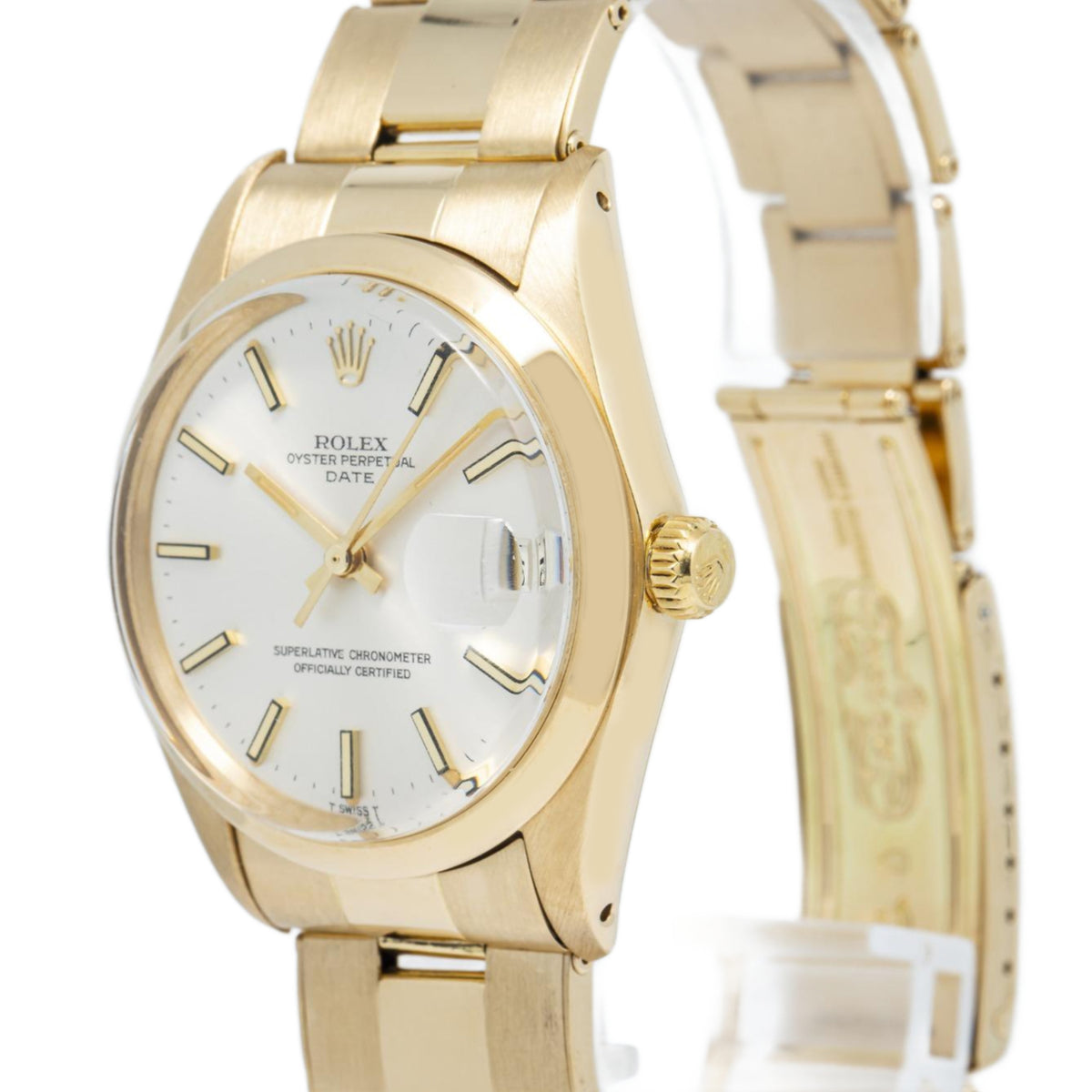 Rolex Date 1500 Oyster 18K Yellow Gold Silver Dial Automatic Unisex Watch 34mm