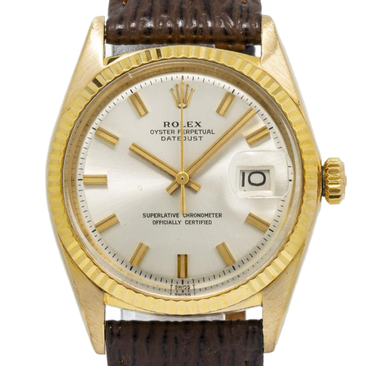 Rolex Datejust 1601 Wide-Boy 18K Yellow Gold Silver Index Dial Auto Watch 36mm