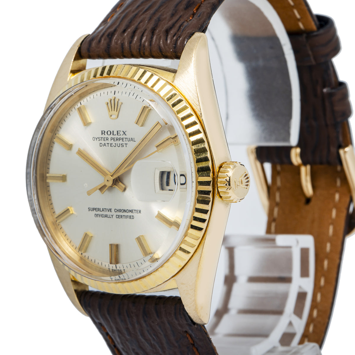 Rolex Datejust 1601 Wide-Boy 18K Yellow Gold Silver Index Dial Auto Watch 36mm