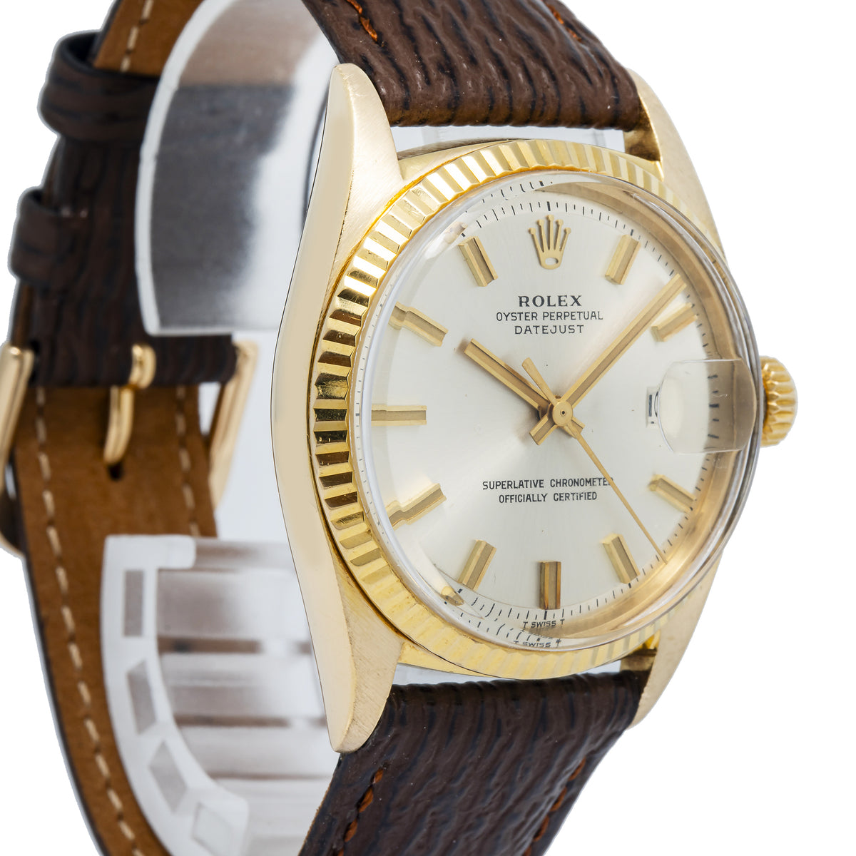 Rolex Datejust 1601 Wide-Boy 18K Yellow Gold Silver Index Dial Auto Watch 36mm