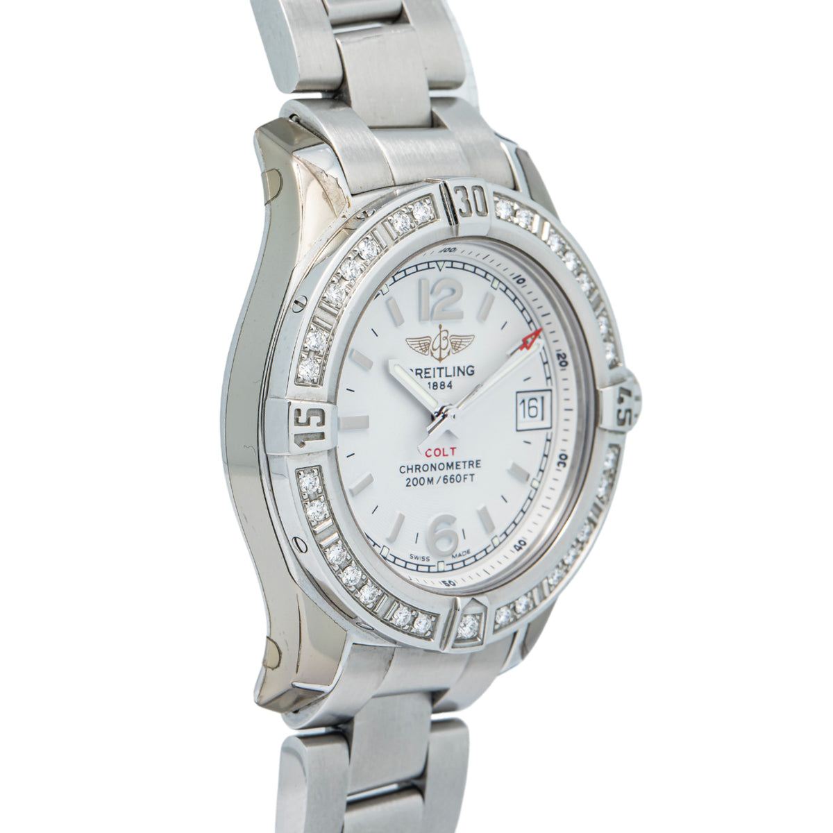 Breitling Colt A77388 Factory Diamond Bezel White Dial Quartz Ladies Watch 33mm