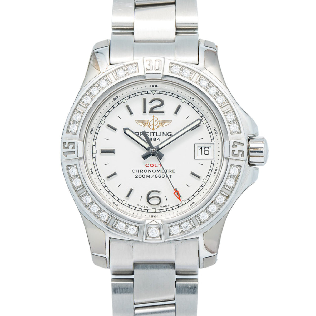 Breitling Colt A77388 Factory Diamond Bezel White Dial Quartz Ladies Watch 33mm