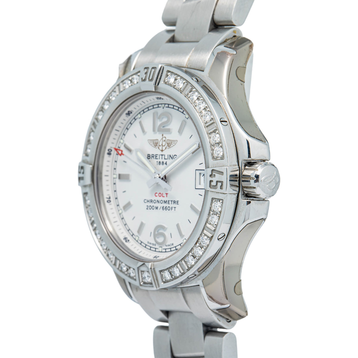 Breitling Colt A77388 Factory Diamond Bezel White Dial Quartz Ladies Watch 33mm