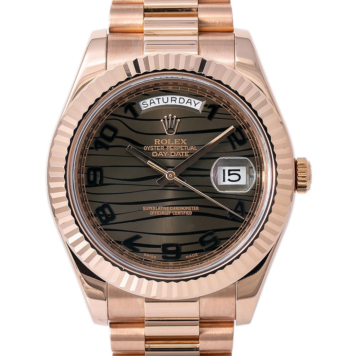 Rolex Day Date II 218235 2009 B/P 18k Rose Gold Chocolate Wave Dial Watch 41mm