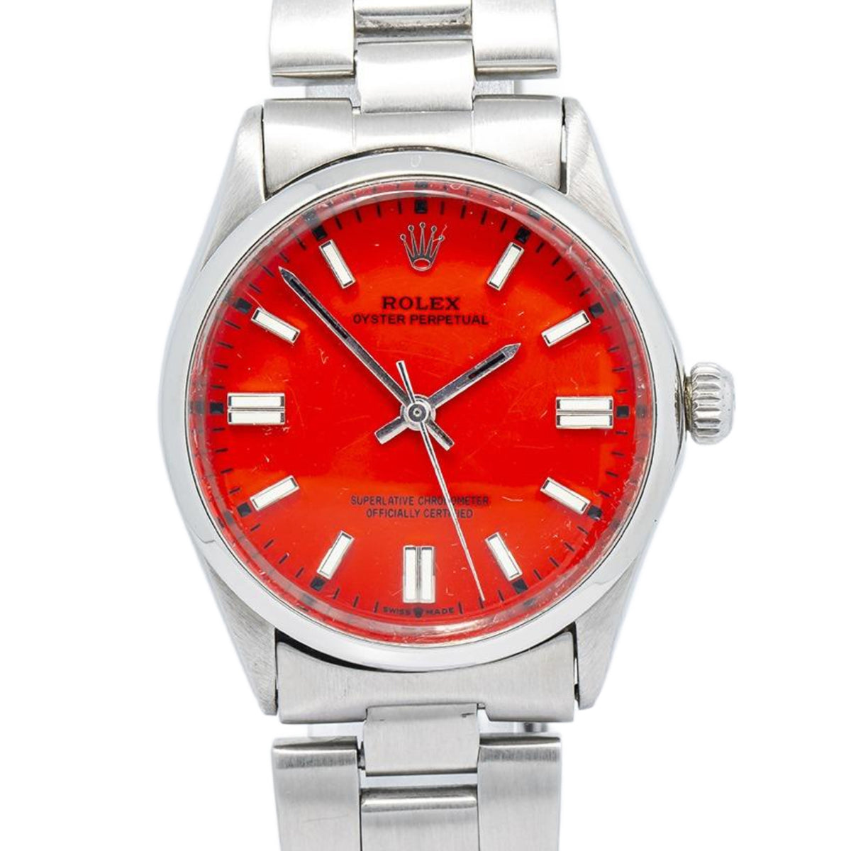 Rolex Oyster Perpetual 5500 Stainless Coral Red Dial Auto Unisex Watch 34mm