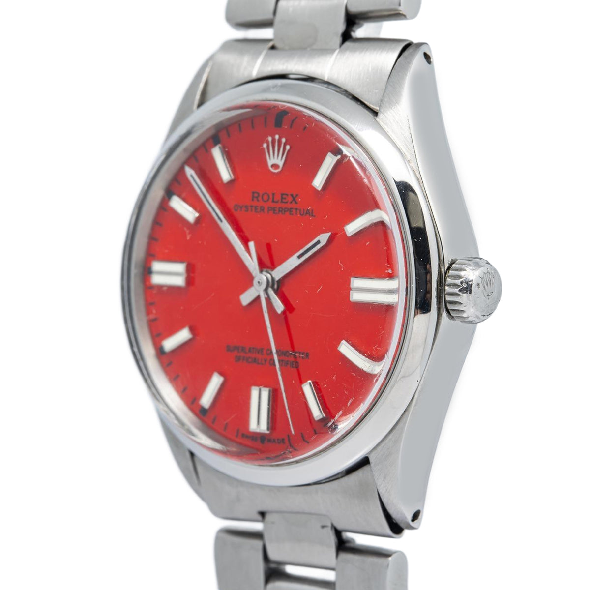 Rolex Oyster Perpetual 5500 Stainless Coral Red Dial Auto Unisex Watch 34mm