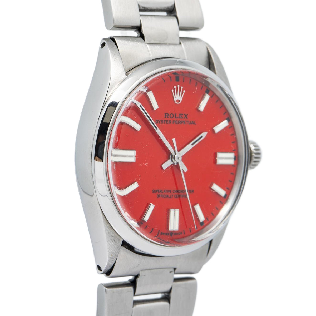 Rolex Oyster Perpetual 5500 Stainless Coral Red Dial Auto Unisex Watch 34mm