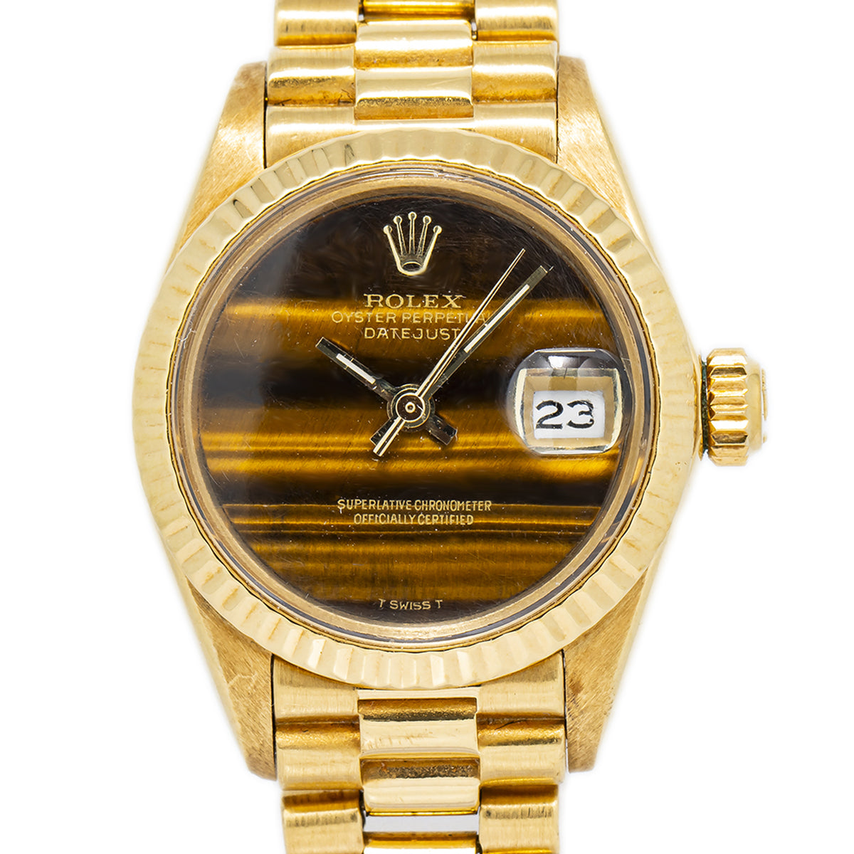 Rolex Datejust 6917 Papers 18k YG President Tiger Eye Dial Ladies Watch 26mm