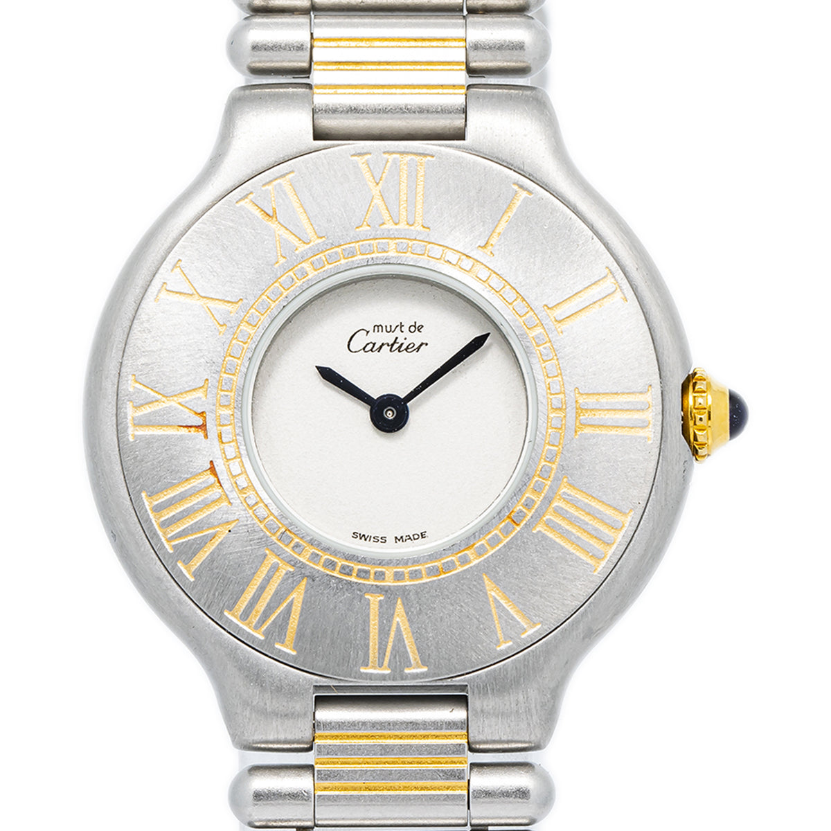 Cartier Must De 21 1340 Stainless Gold Plated White Dial Quartz Lady Watch 28mm