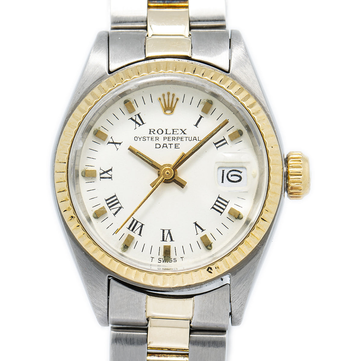 Rolex Date 6916 14K Yellow Gold Two Tone Oyster White Dial Ladie's Watch 26mm