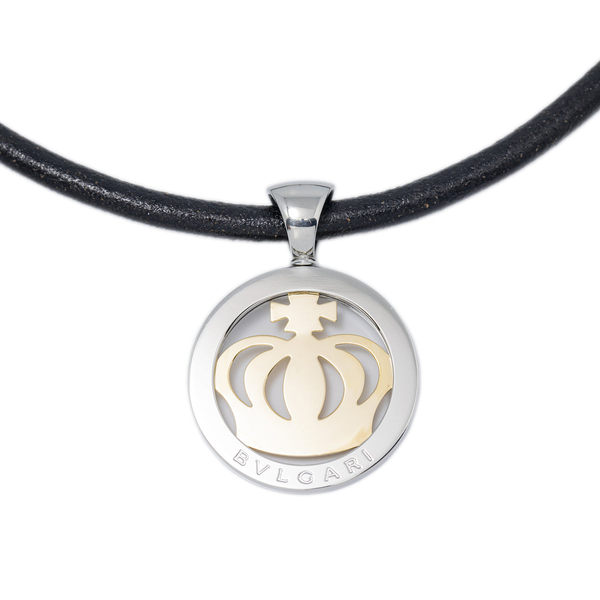 Bvlgari Tondo Crown 18k Yellow gold Stainless Steel Leather Necklace