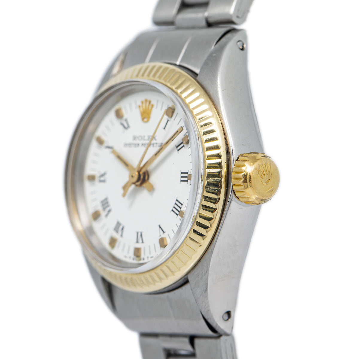 Rolex Oyster Perpetual 6719 SS 18k YG Fluted Bezel White Dial Auto Ladies Watch