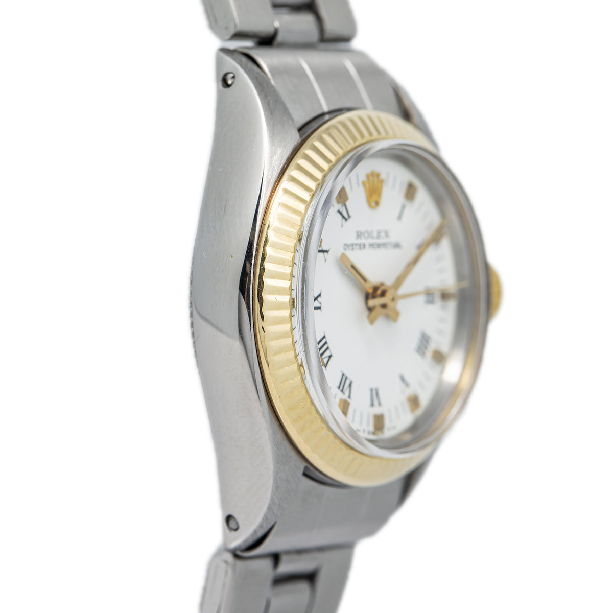 Rolex Oyster Perpetual 6719 SS 18k YG Fluted Bezel White Dial Auto Ladies Watch