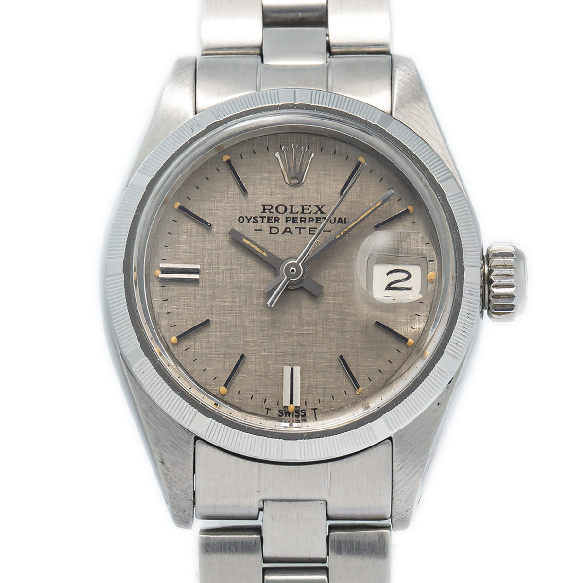 Rolex Date 6919 1977 Paper SS Oyster Auto Silver Linen Dial Ladies Watch 26mm