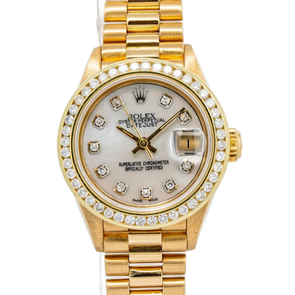 Rolex DateJust 69178 18k YG President Diamond Bezel MOP Dial Auto Ladies 26mm