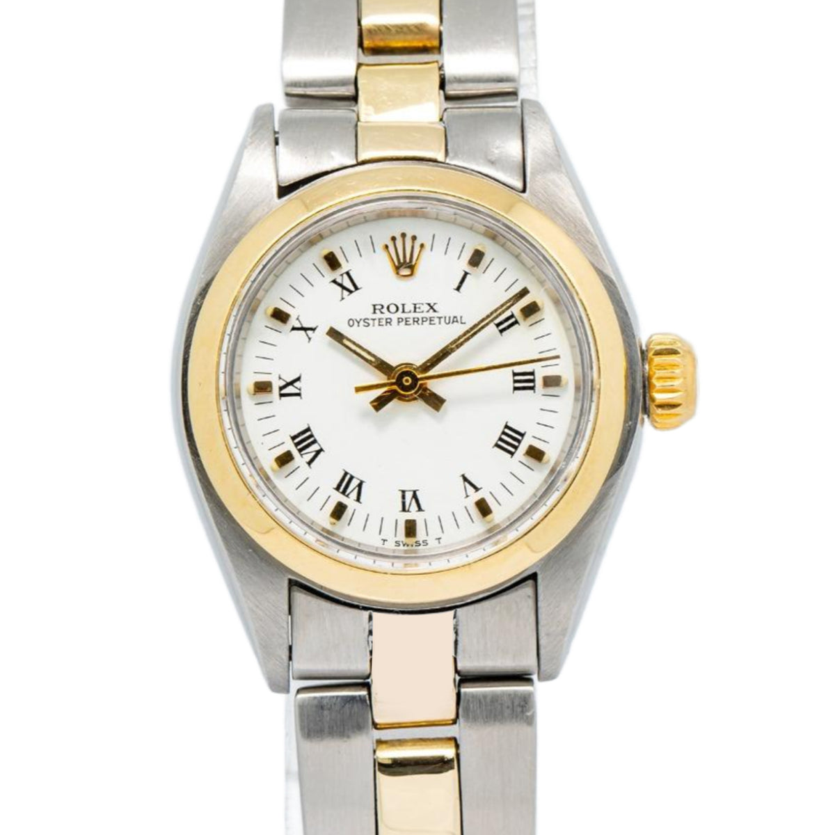 Rolex Oyster Perpetual 6718 Two Tone 18K Yellow Gold White Dial Auto Ladies 24mm