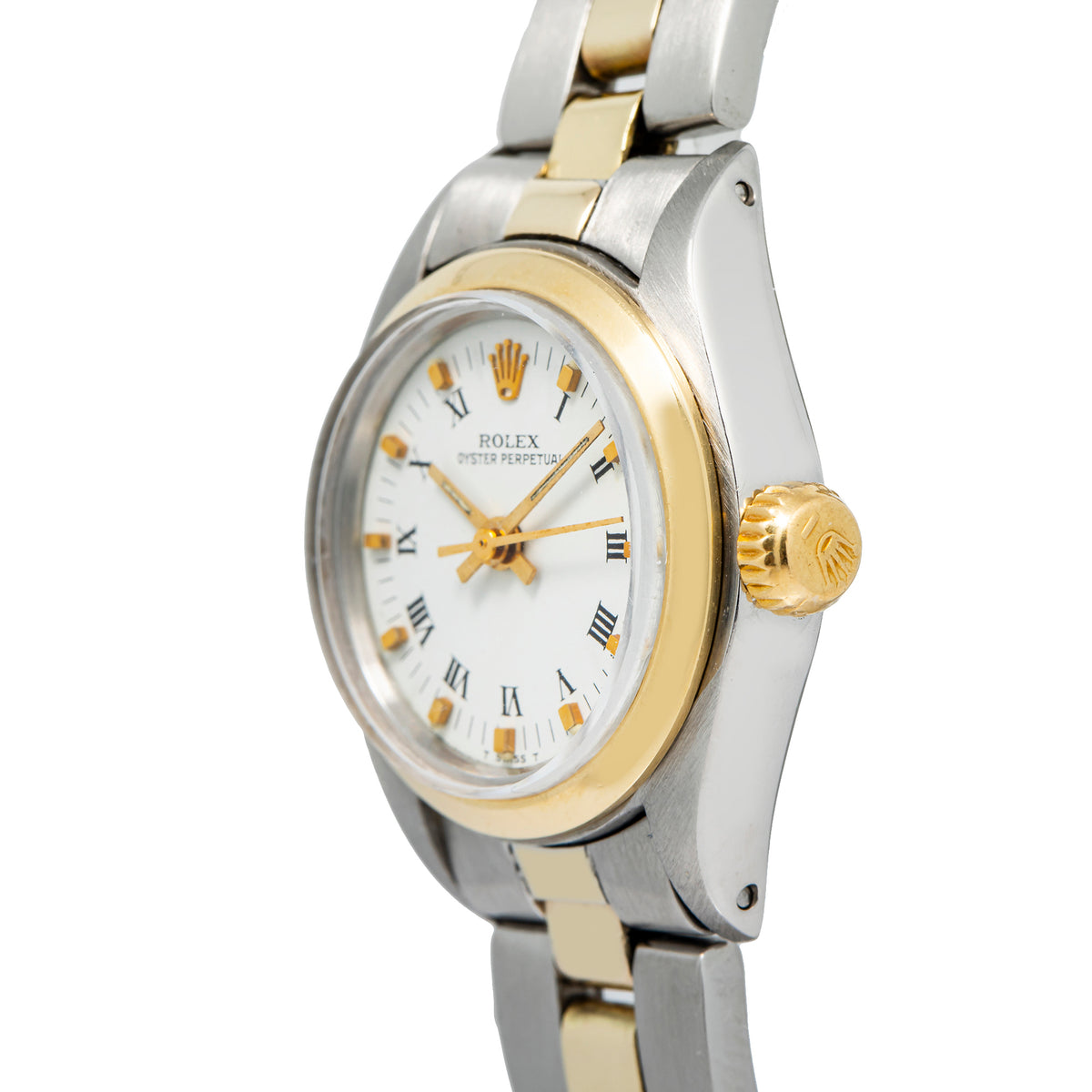 Rolex Oyster Perpetual 6718 Two Tone 18K Yellow Gold White Dial Auto Ladies 24mm