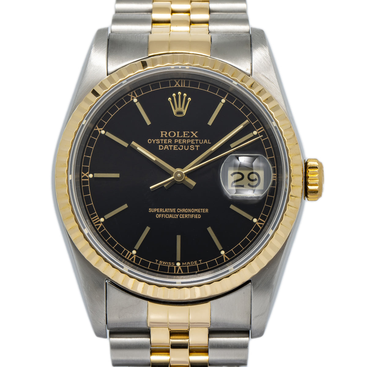 Rolex Datejust 16233 18k YG Two Tone Jubilee Black Dial Auto Unisex Watch 36mm