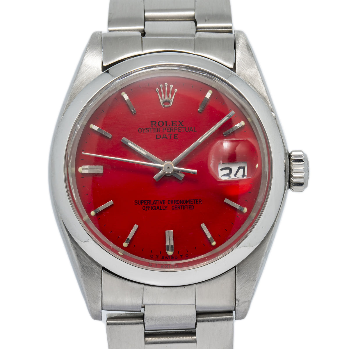 Rolex Date Oyster Perpetual 1505 Stainless Steel Automatic Red Dial Unisex 34mm