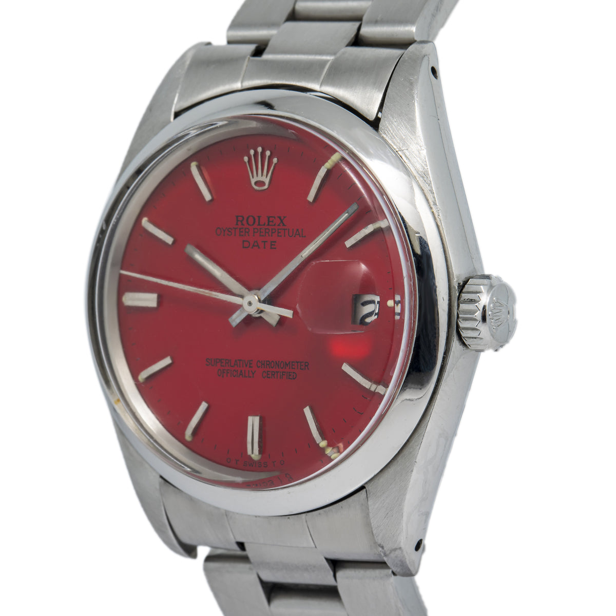 Rolex Date Oyster Perpetual 1505 Stainless Steel Automatic Red Dial Unisex 34mm