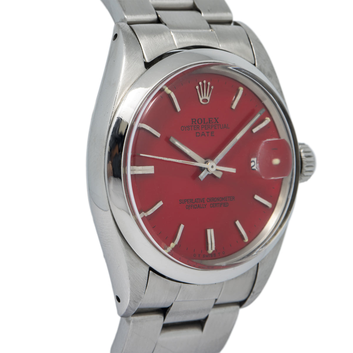 Rolex Date Oyster Perpetual 1505 Stainless Steel Automatic Red Dial Unisex 34mm