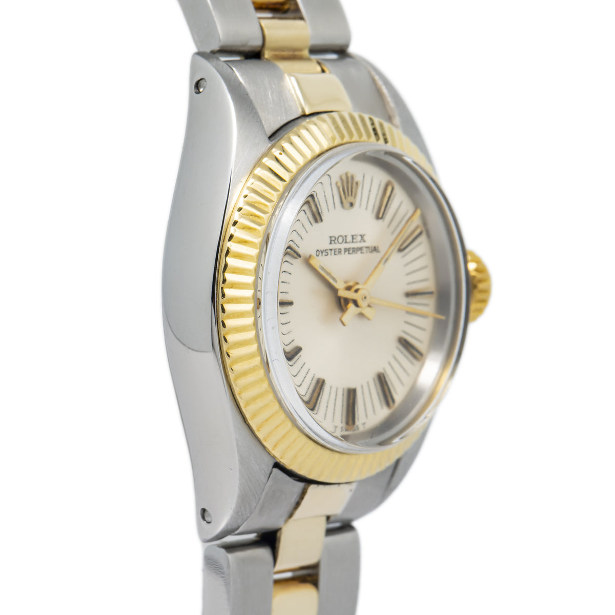 Rolex Oyster Perpetual 6723 18K Two Tone YG Silver Dial Auto Ladies Watch 25mm