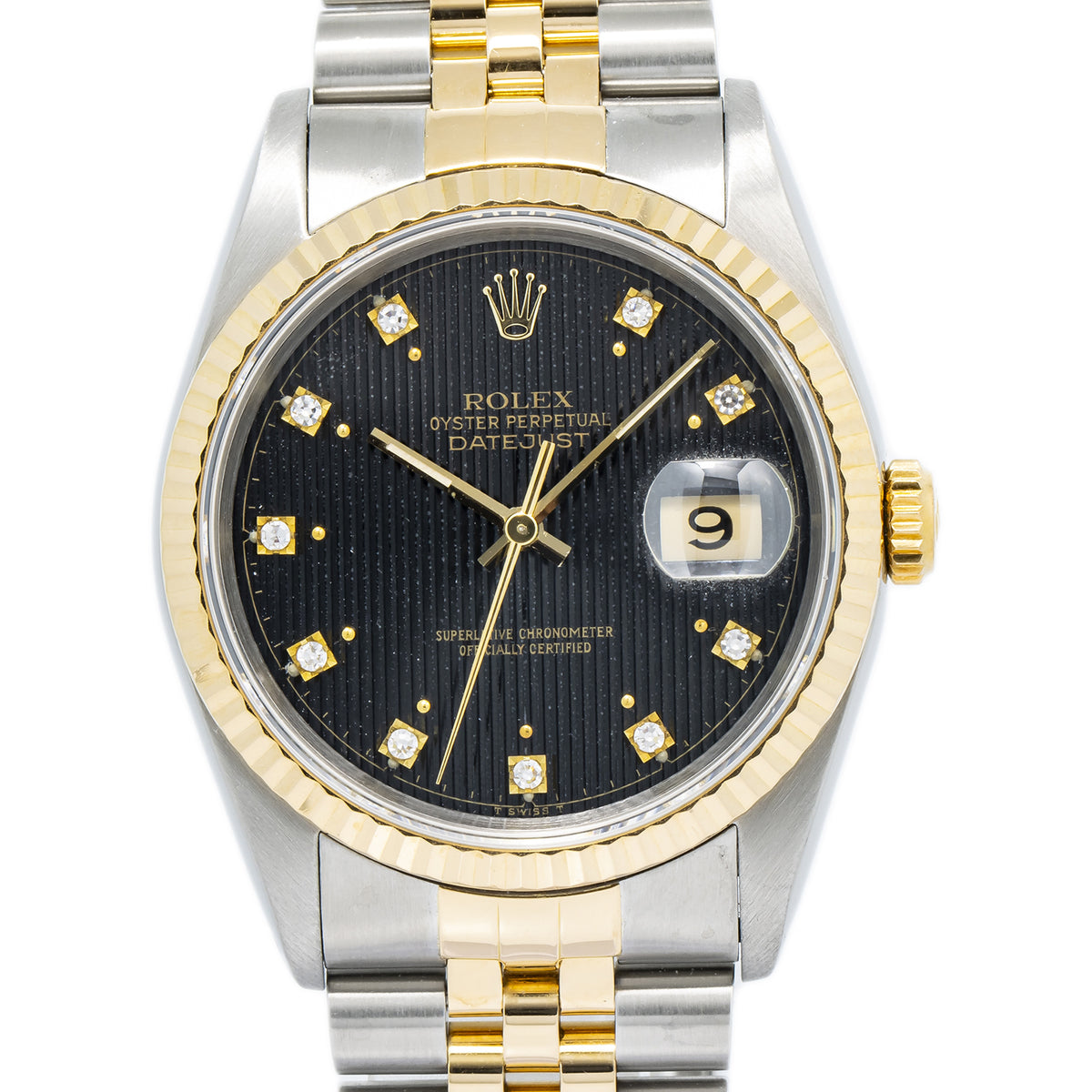 Rolex DateJust 16233 Jubilee 18K Two Tone YG Black Diamond Dial Auto Unisex 36mm