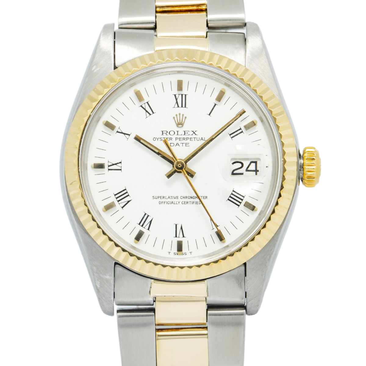 Rolex Date 1500 Oyster 18K YG Two Tone White Dial Automatic Unisex Watch 34mm