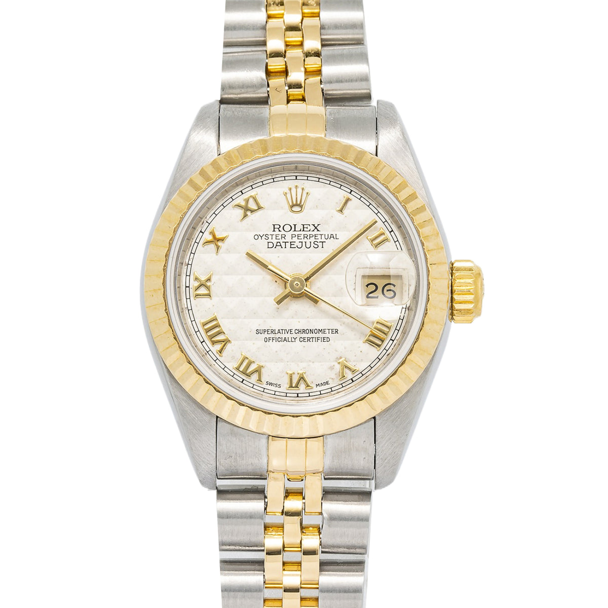 Rolex DateJust 69173 18K YG Two Tone Jubilee Cream Pyramid Dial Auto Ladies 26mm