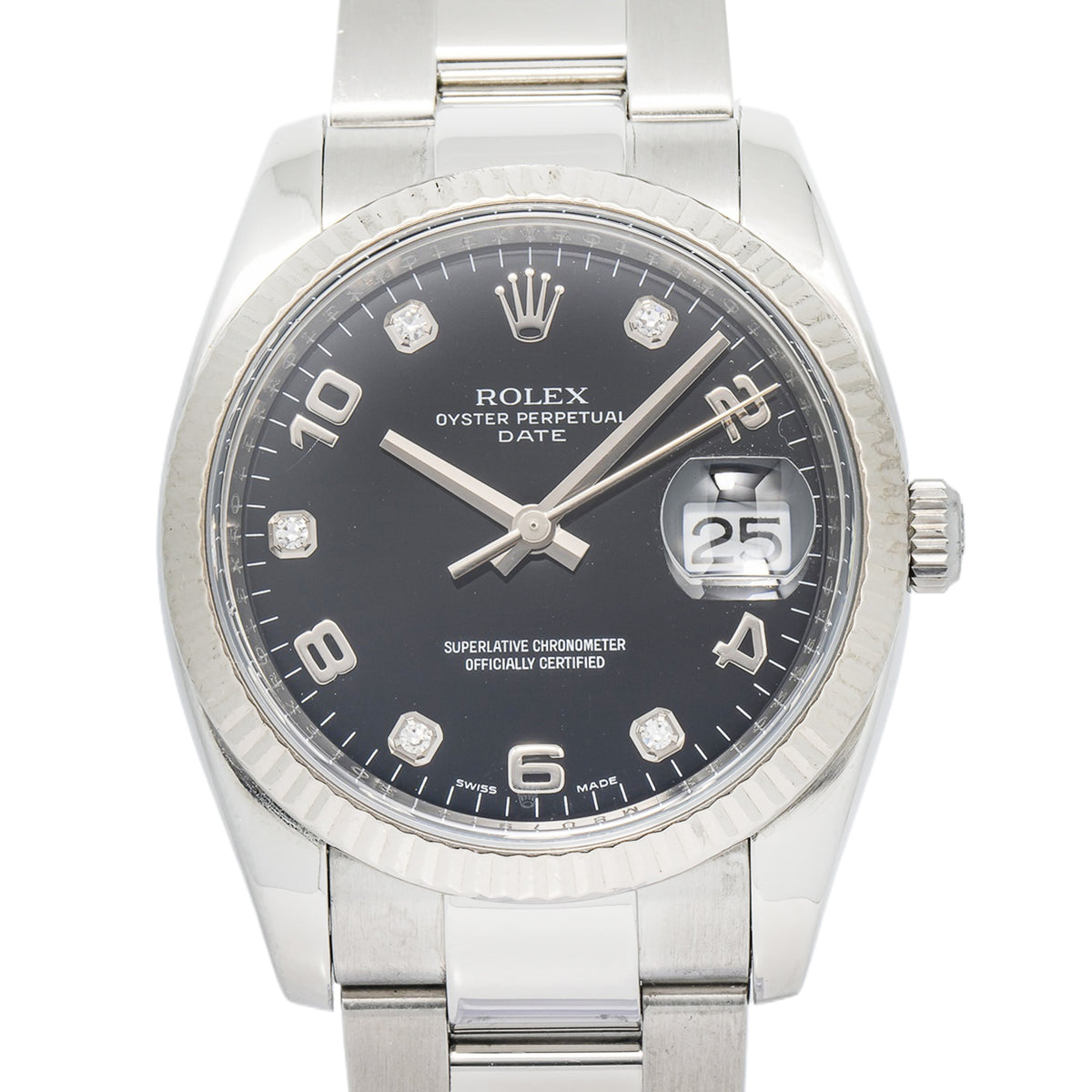 Rolex Date 115234 SS Oyster 18K White Gold Bezel Black Diamond Dial Unisex 34mm