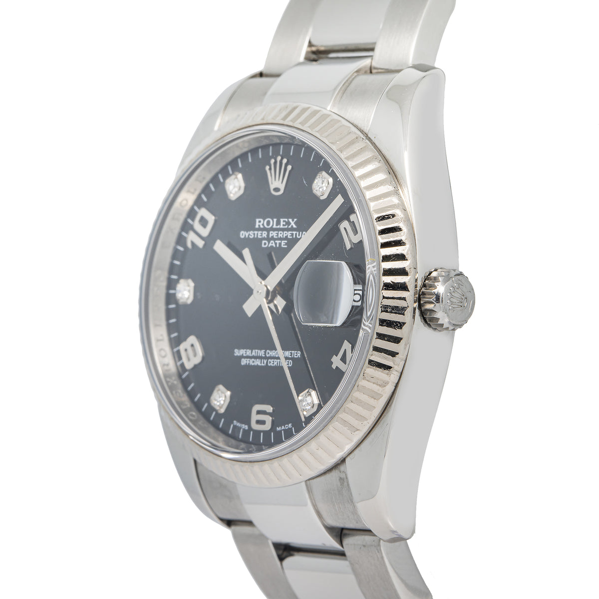 Rolex Date 115234 SS Oyster 18K White Gold Bezel Black Diamond Dial Unisex 34mm