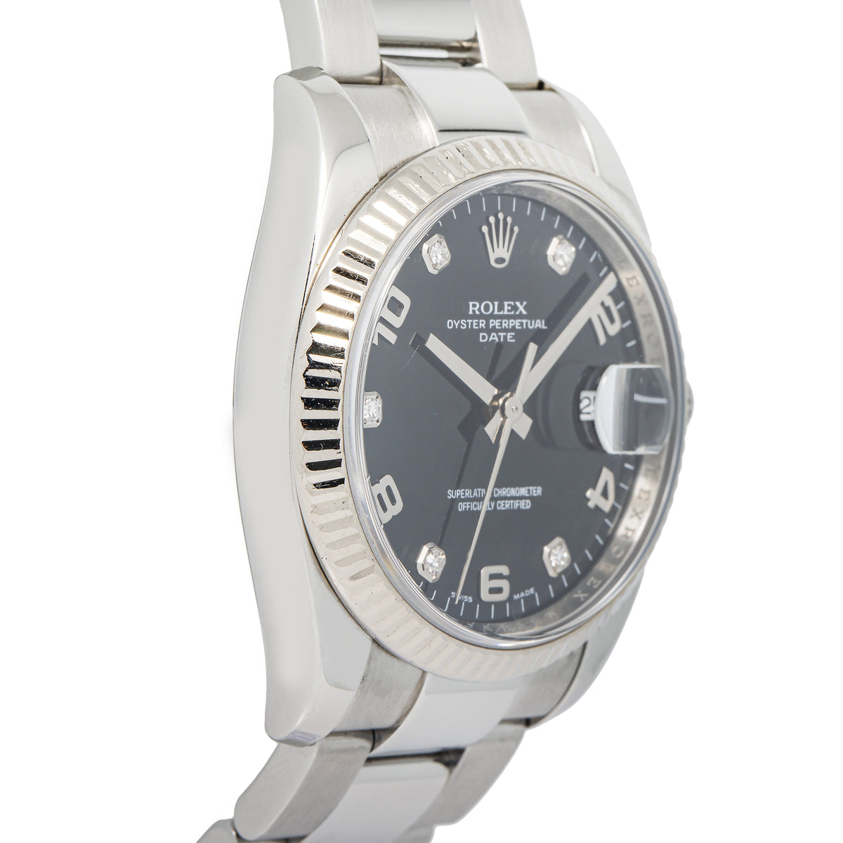 Rolex Date 115234 SS Oyster 18K White Gold Bezel Black Diamond Dial Unisex 34mm