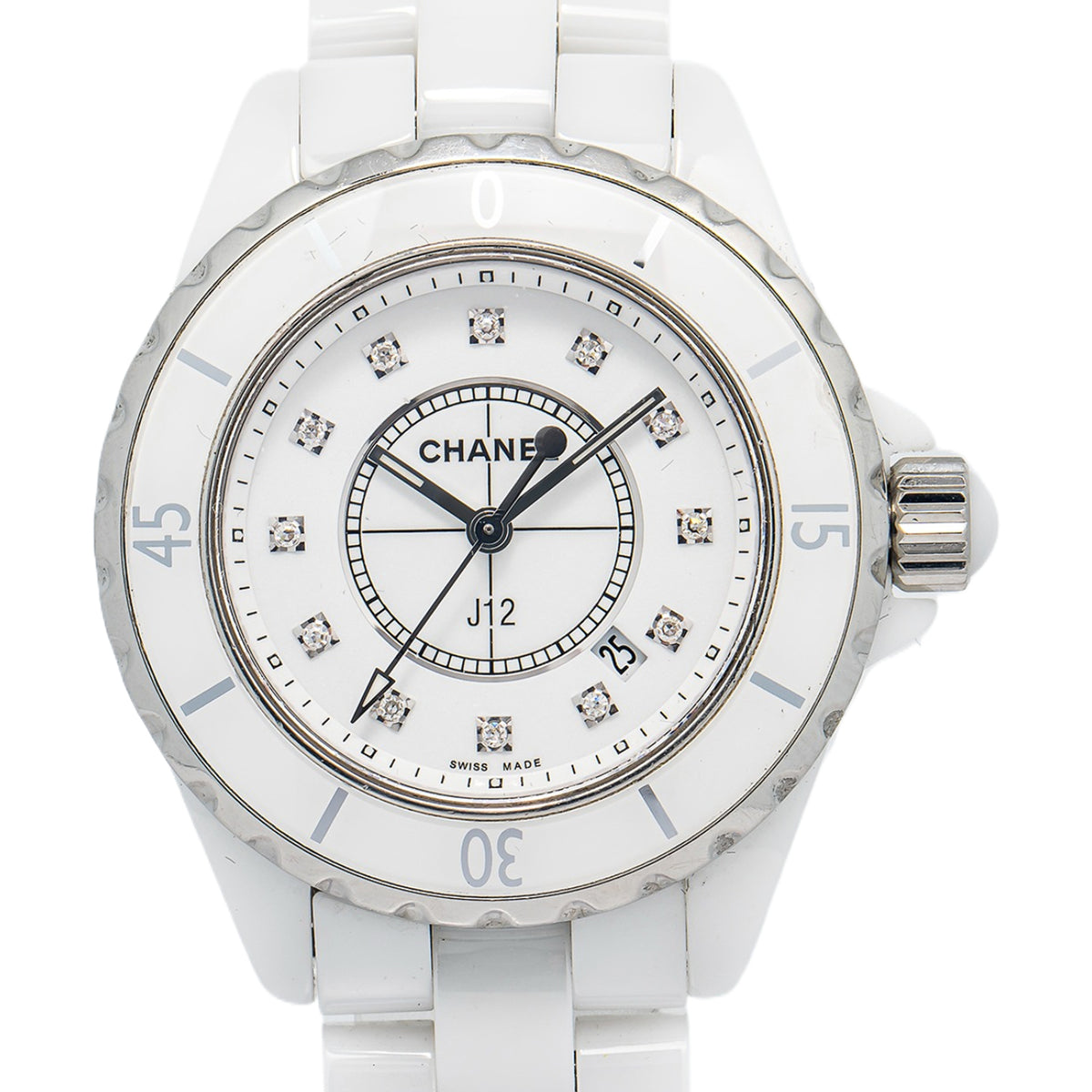 Chanel J12 H1628 White Ceramic Factory Diamond Dial Quartz Ladies Watch 33mm