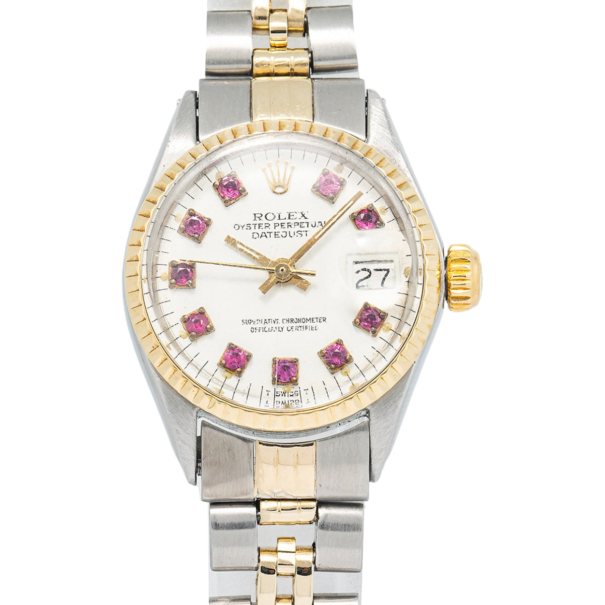 Rolex Date 6517 Jubilee 18K Two Tone YG Ruby Diamond White Dial Lady Auto 25mm