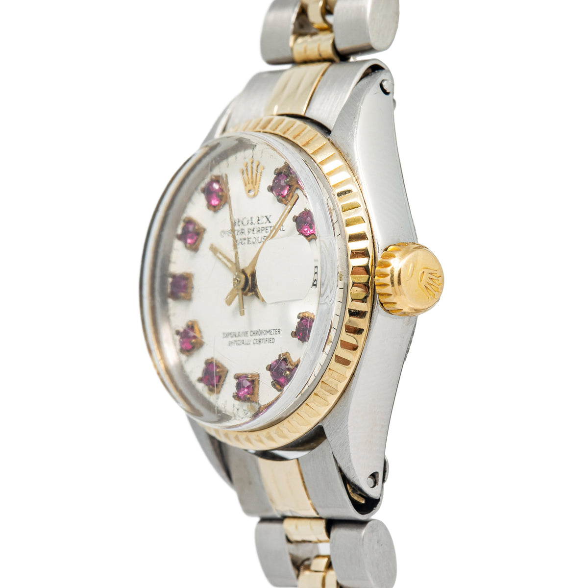 Rolex Date 6517 Jubilee 18K Two Tone YG Ruby Diamond White Dial Lady Auto 25mm