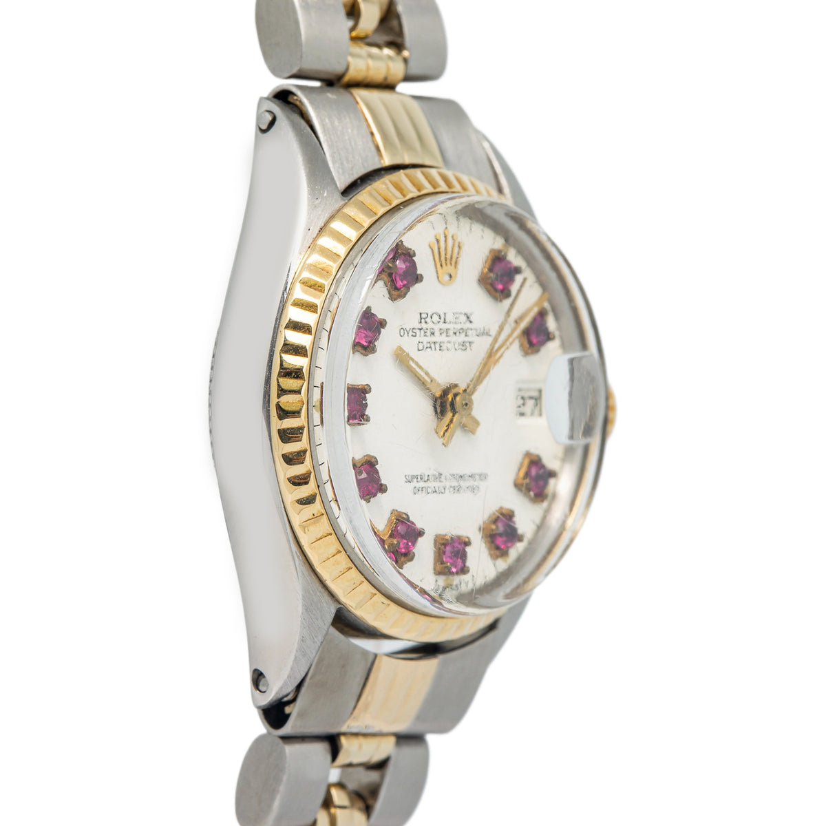 Rolex Date 6517 Jubilee 18K Two Tone YG Ruby Diamond White Dial Lady Auto 25mm