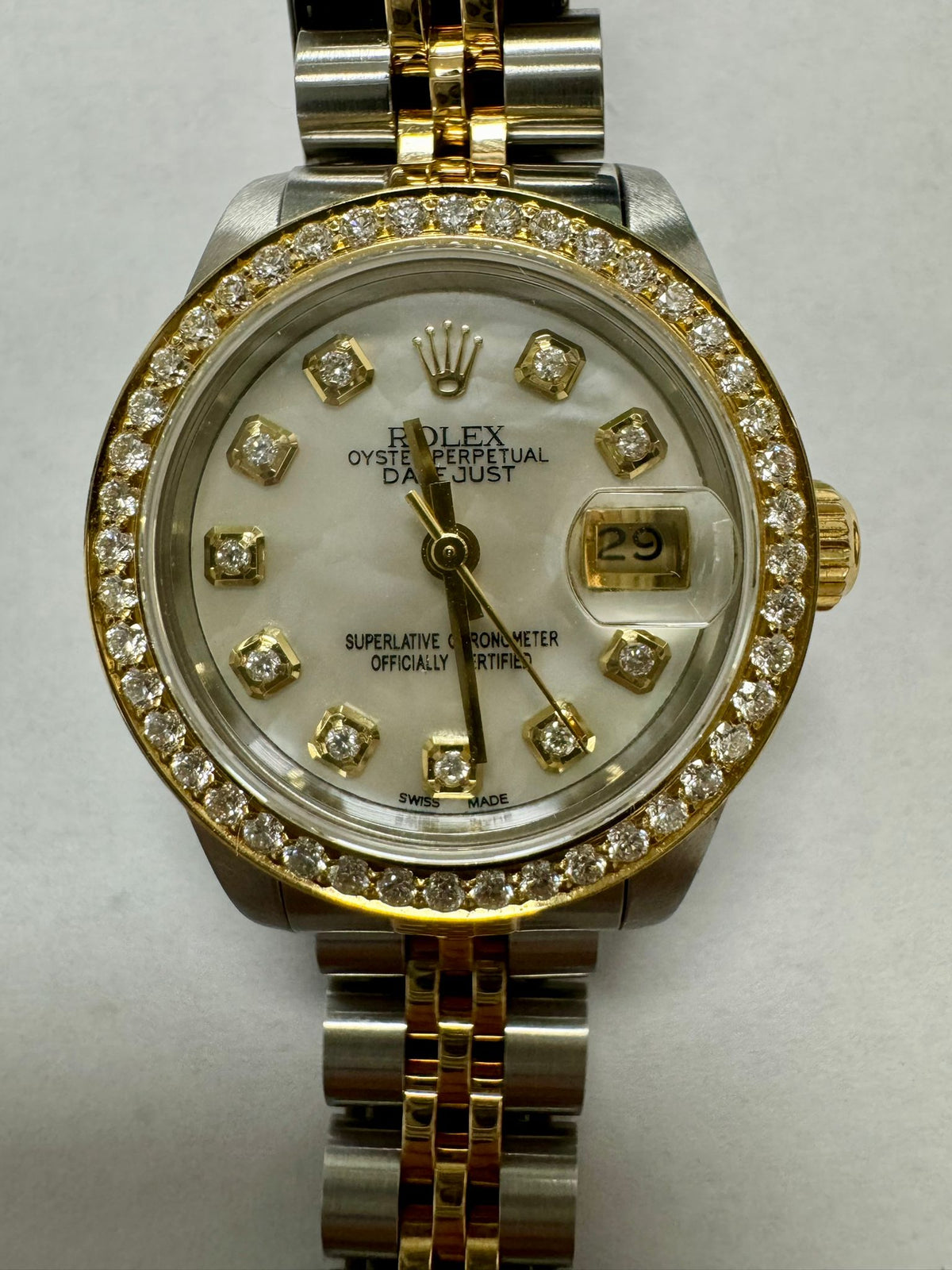 Rolex DateJust 69173 18K Two Tone YG Factory Diamond MOP Dial Auto Ladies 26mm