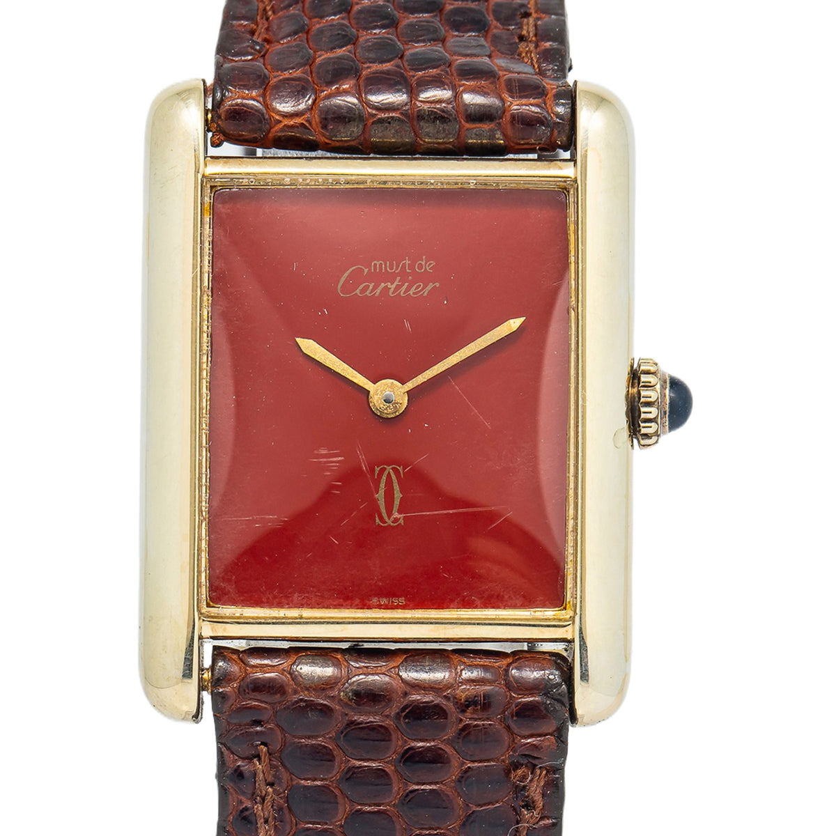 Cartier Tank Vermeil RARE Vintage 925 Gold Plated Red Dial Manual Watch 24x31mm