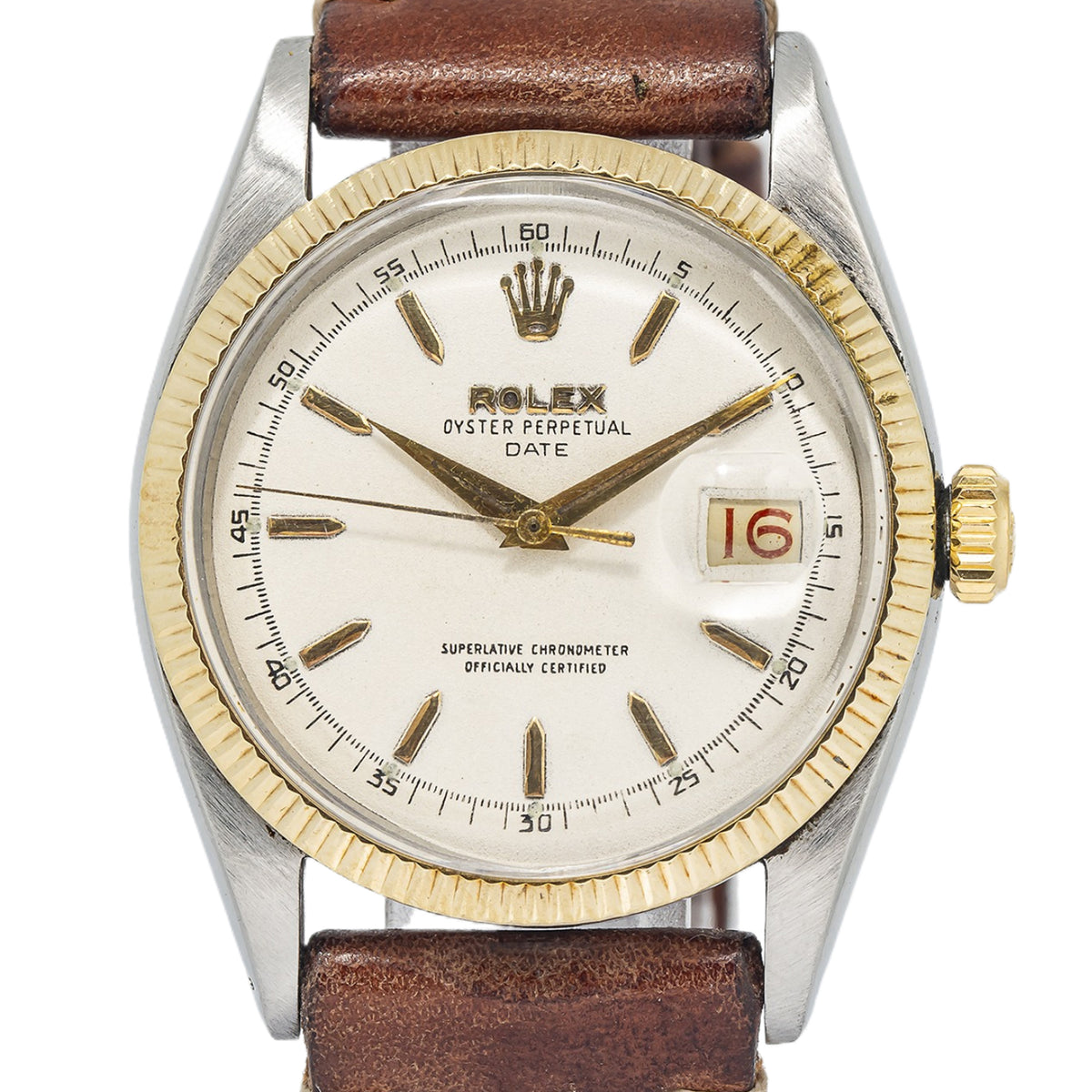 Rolex Date 6605 Vintage Yellow Gold Fluted Bezel Off-White Dial Auto Unisex 36mm