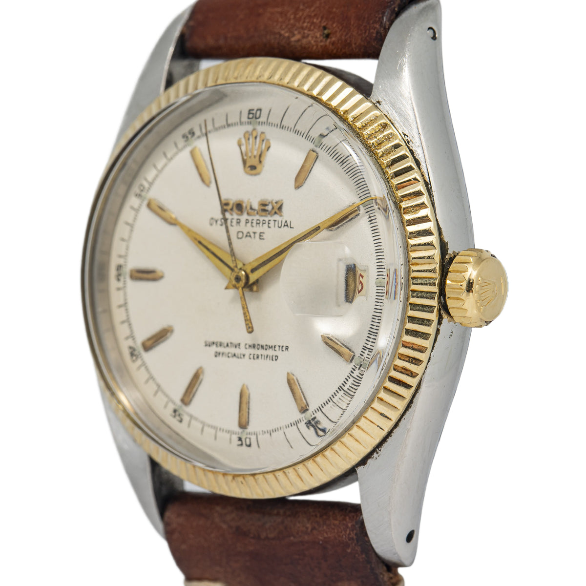 Rolex Date 6605 Vintage Yellow Gold Fluted Bezel Off-White Dial Auto Unisex 36mm