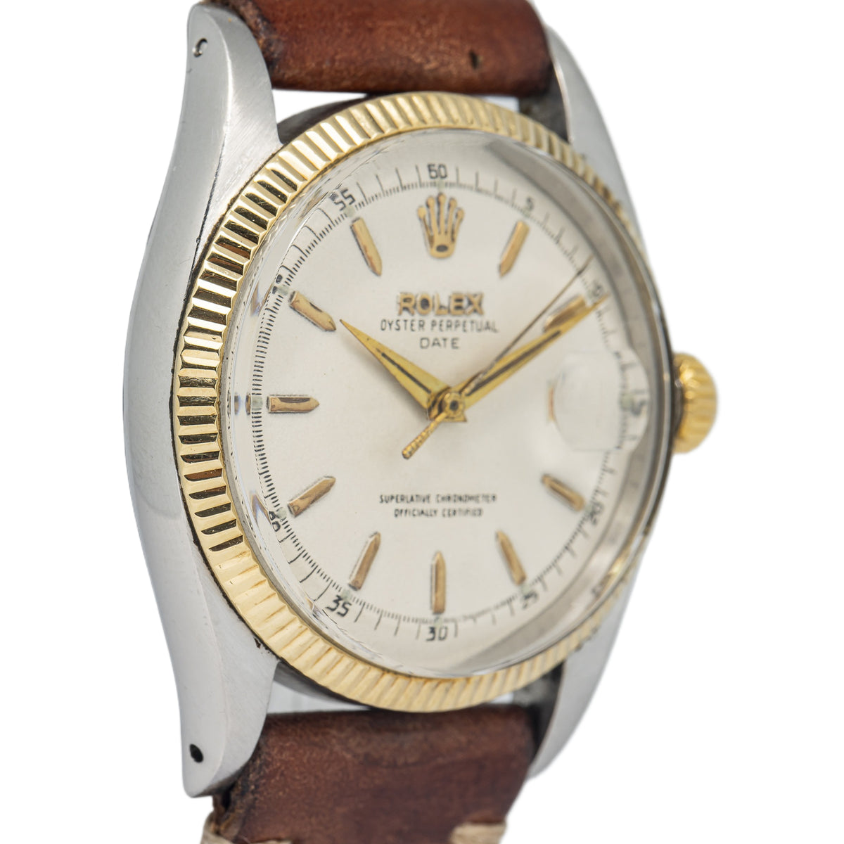 Rolex Date 6605 Vintage Yellow Gold Fluted Bezel Off-White Dial Auto Unisex 36mm