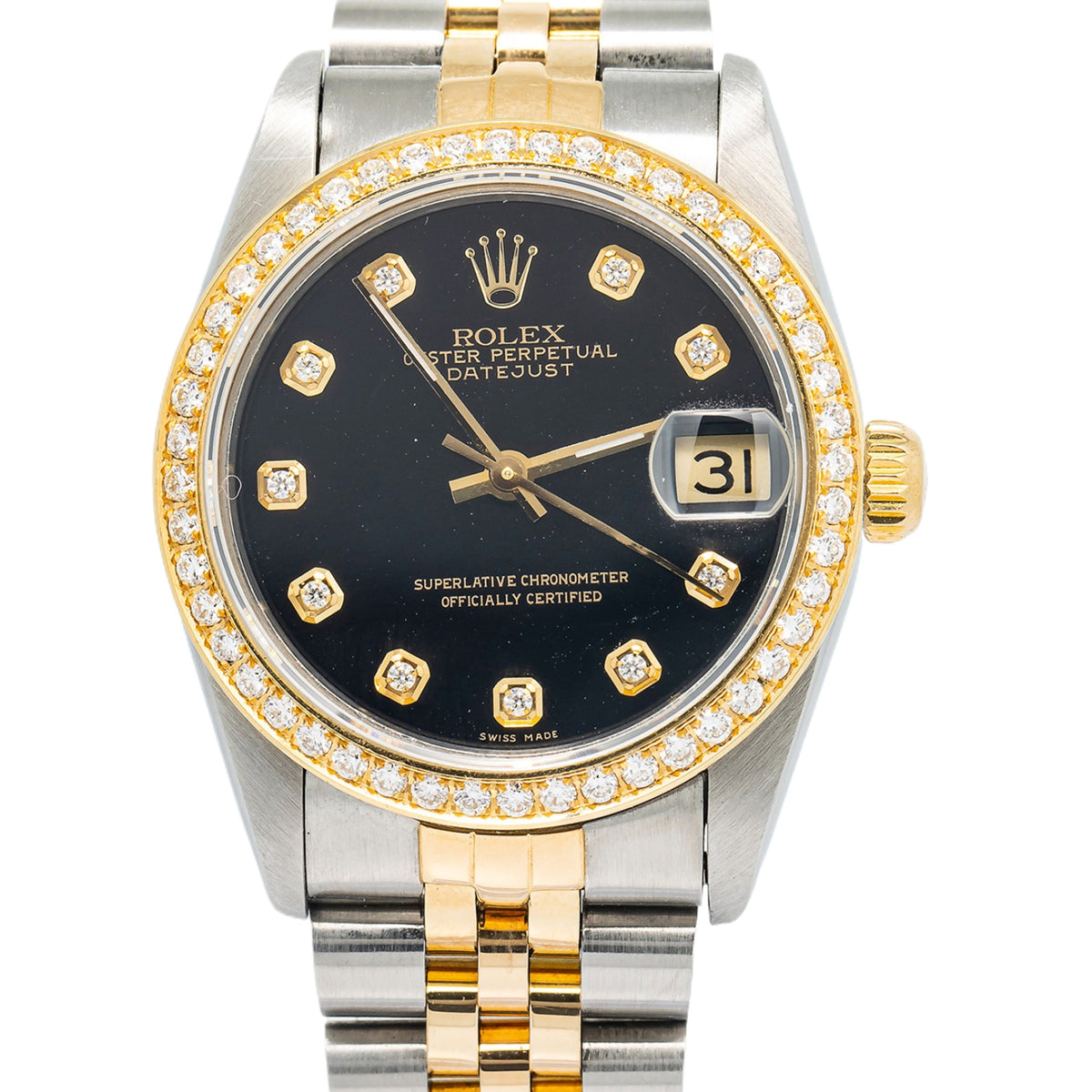 Rolex DateJust 68273 18KYG Two Tone Jubilee Black Diamond Dial Auto Midsize 31mm