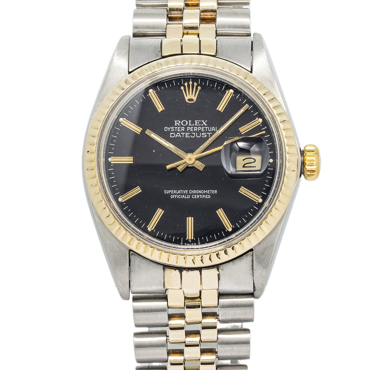 Rolex Datejust 16013 YG Two Tone Jubilee Black Gilt Dial Automatic Watch 36mm