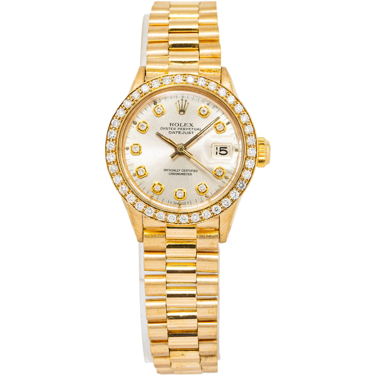 Rolex Date Just 6521 18K YG President Silver Dial Ladies Watch 25mm