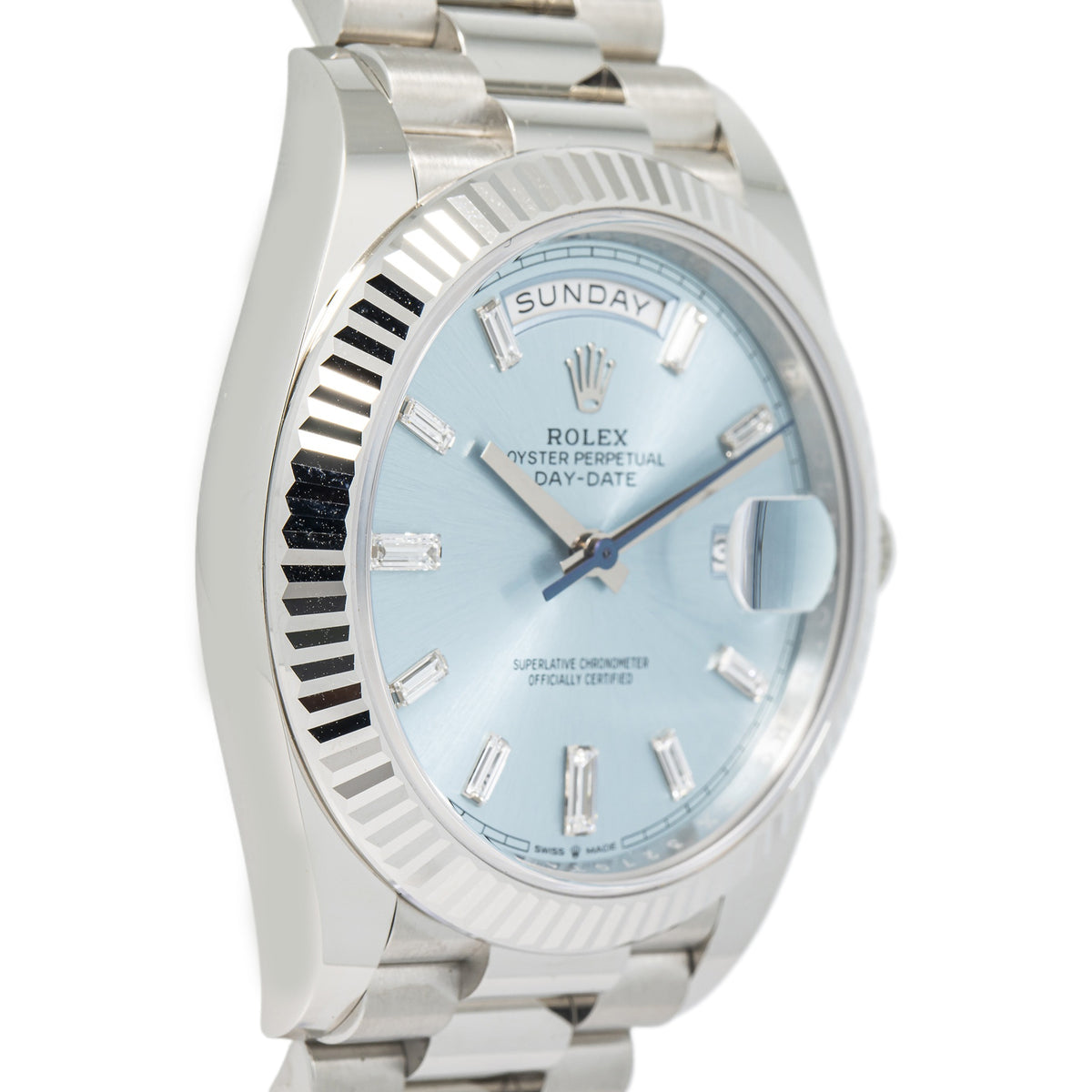 Rolex Day-Date 228236 NEW DEC 2024 Complete Platinum Blue Baguette Dial 40mm