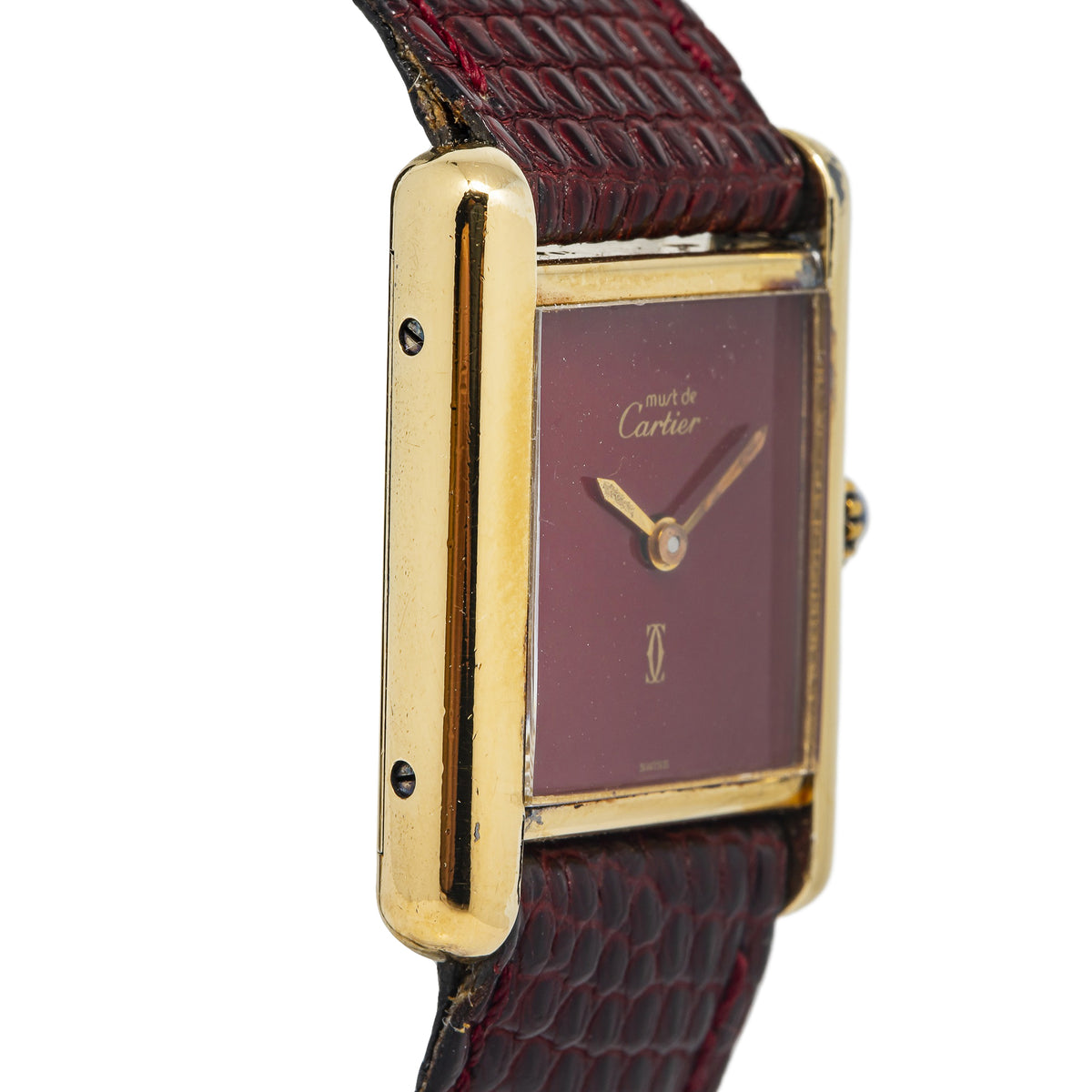 Cartier Must De Tank Vermeil 925 Gold Plated Burgundy Dial Ladies Watch 21x28mm