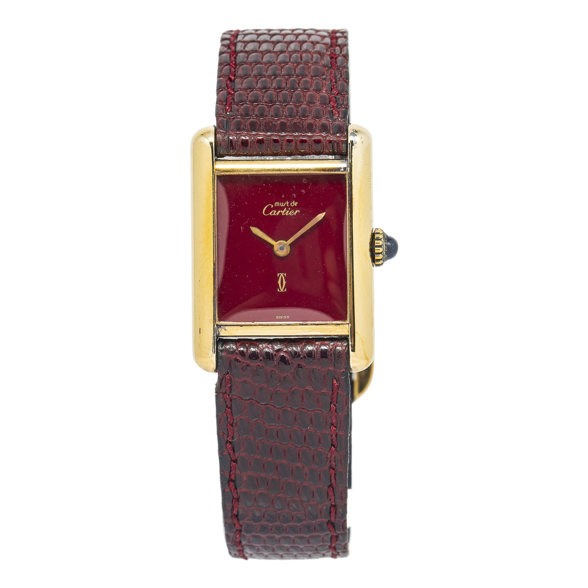 Cartier Must De Tank Vermeil 925 Gold Plated Burgundy Dial Ladies Watch 21x28mm