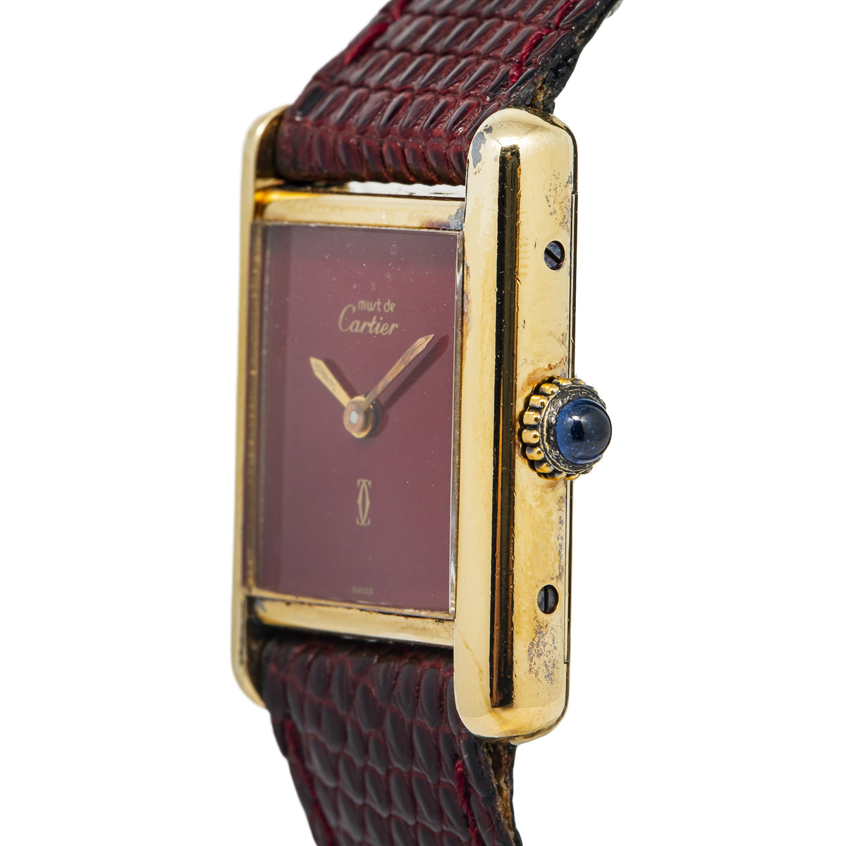 Cartier Must De Tank Vermeil 925 Gold Plated Burgundy Dial Ladies Watch 21x28mm